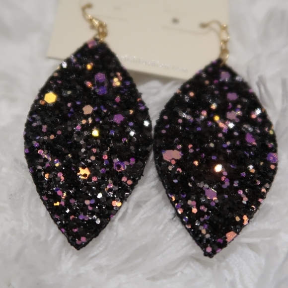 Black & Purple Sequin Glitter Drop Earrings | Statement Dangle - Picture 5 of 5